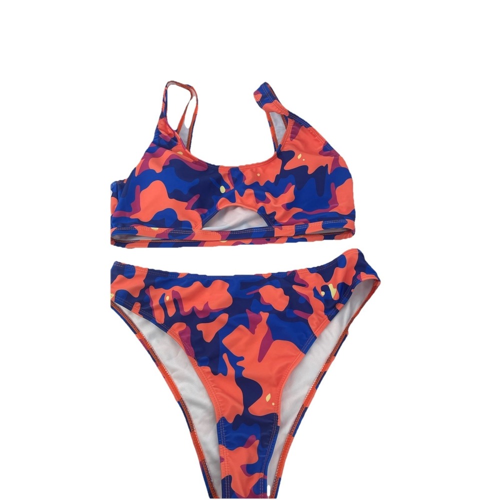 2 Piece Swimsuit Bikini Womens Large Orange Blue High Waist Bottoms Blue Coverup